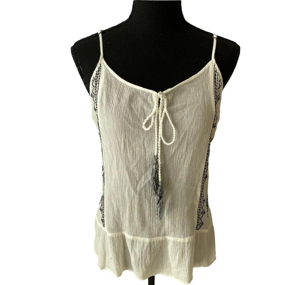 Mudd White Boho Embroidered Tassel Tie Gauze Camisole Tank Top Adjustable Straps